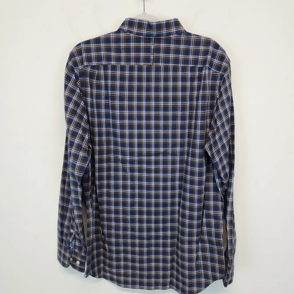 Banana Republic Mens Soft Wash Plaid Button Down Shirt Size L Blue Brown Preppy